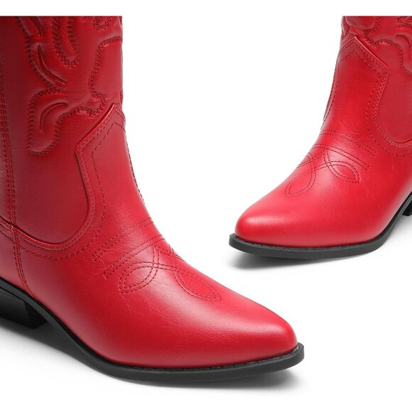 Women's Red Mid Calf Western Embroidery Stitched Faux Leather Cowgirl Boots - Picture 5 of 8